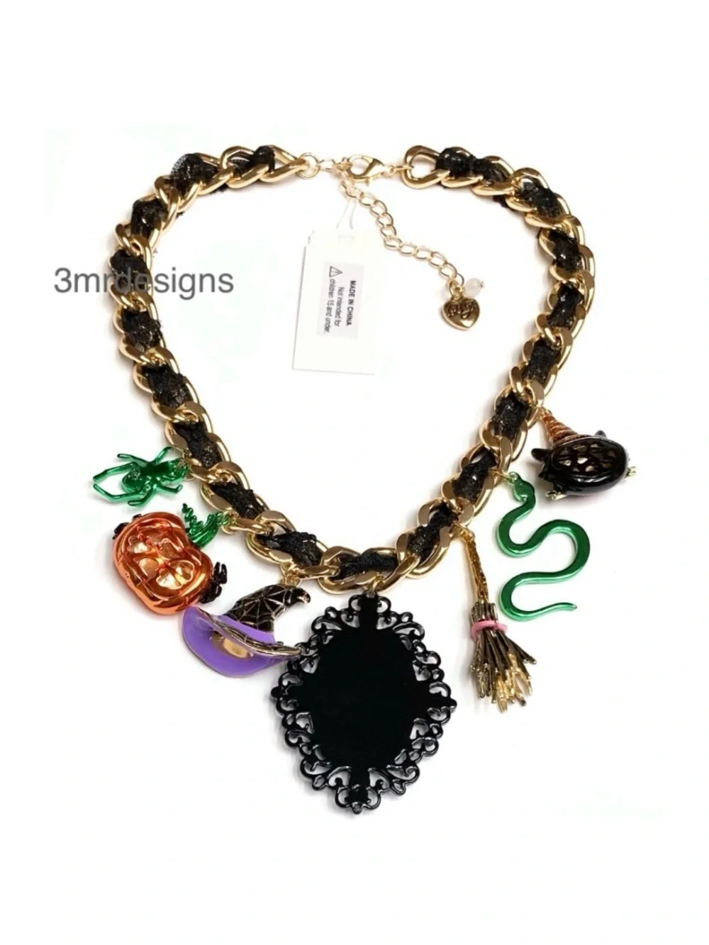 NWT Betsey J. 💋WITCHY LACE FRONTAL CHARMS Gold Tone Glass Crystals Necklace